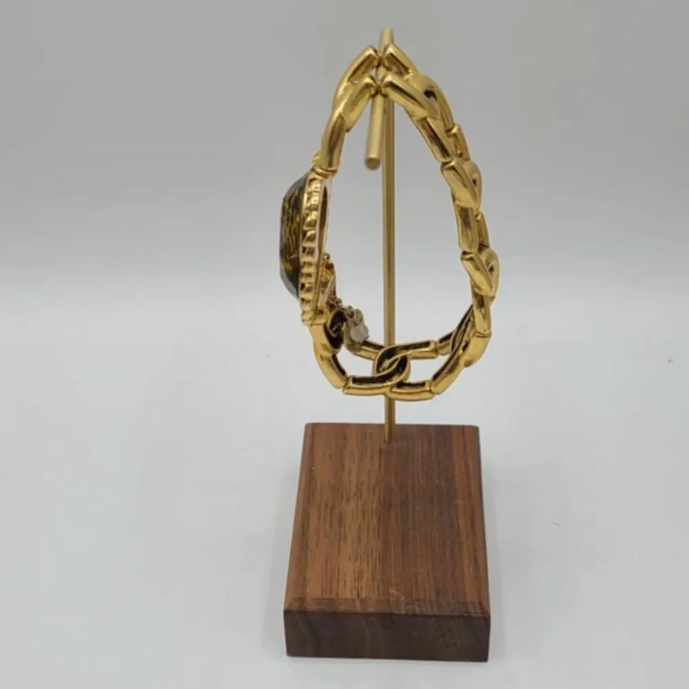 Betsey Johnson Gold Tone Link Stretchy Bracelet with Leopard Hearrt